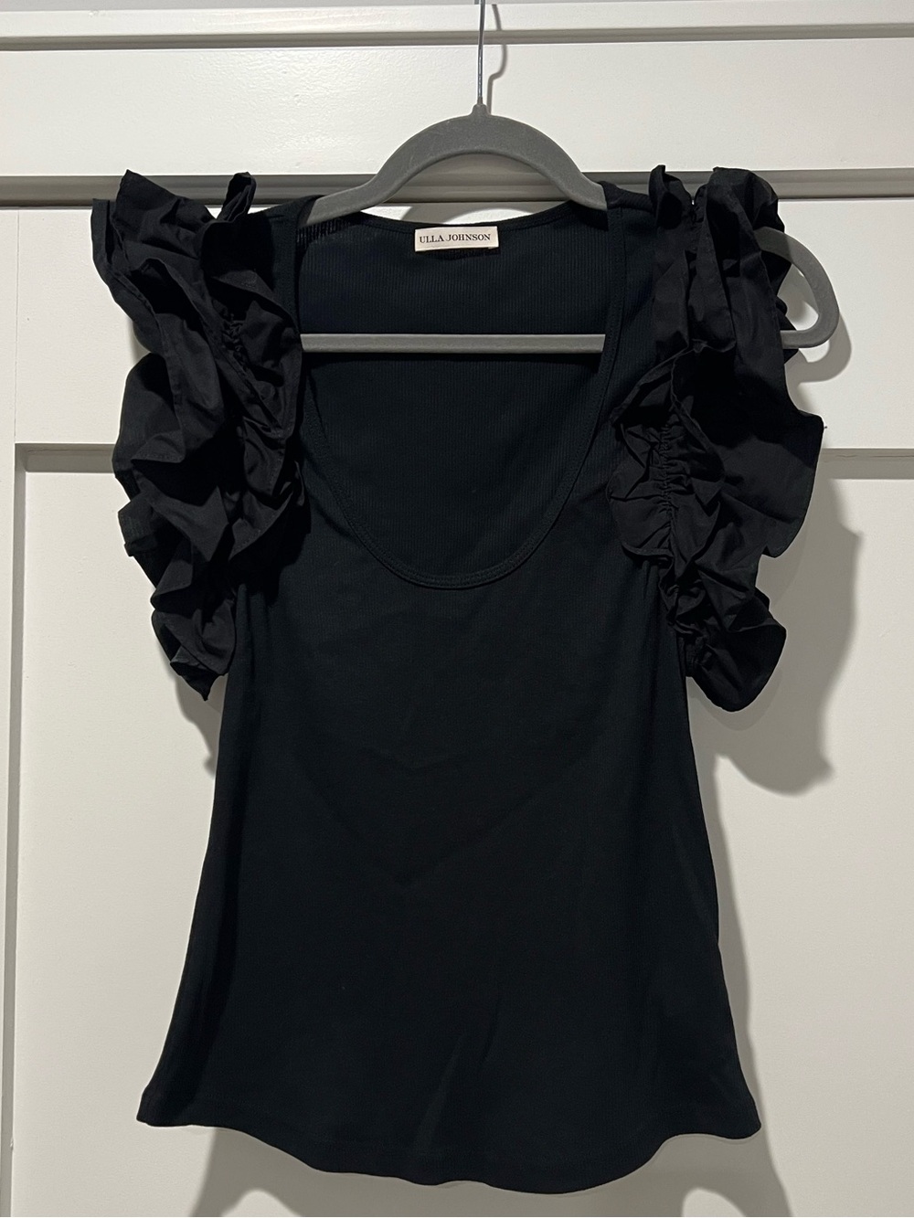 Ulla Johnson Koa Top Black Ribbed Ruffle Shoulder Scoop Neck XL Designer